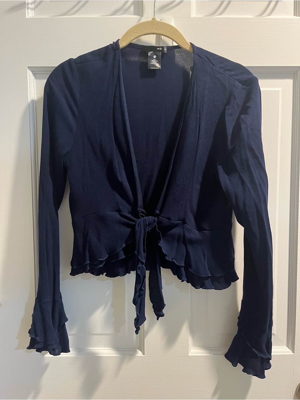 Aqua Navy Tie-Front Ruffle Blouse